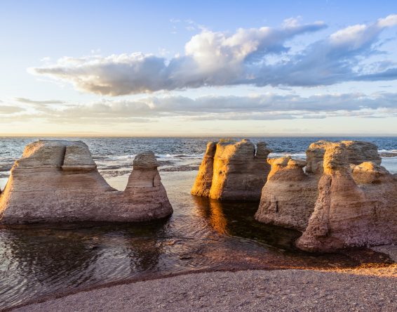 Monoliths of Île Nue de Mingan at sunset, Quebec, Canada